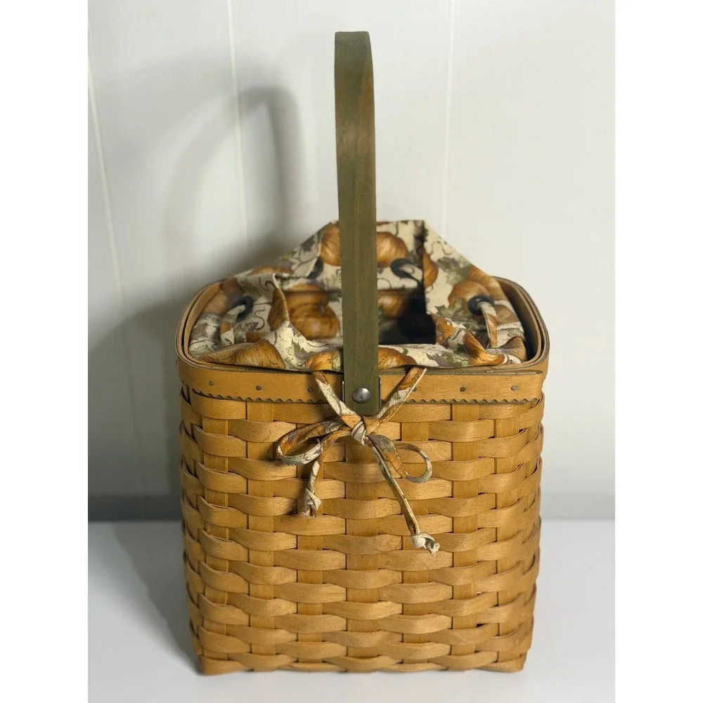 VTG Longaberger Autumn Tote Basket Brown Woven Wood Fabric Liner Handle 2003
